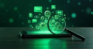 Lupa revela engrenagens e ícones de mensagens ocultos atrás de tela de celular com WhatsApp