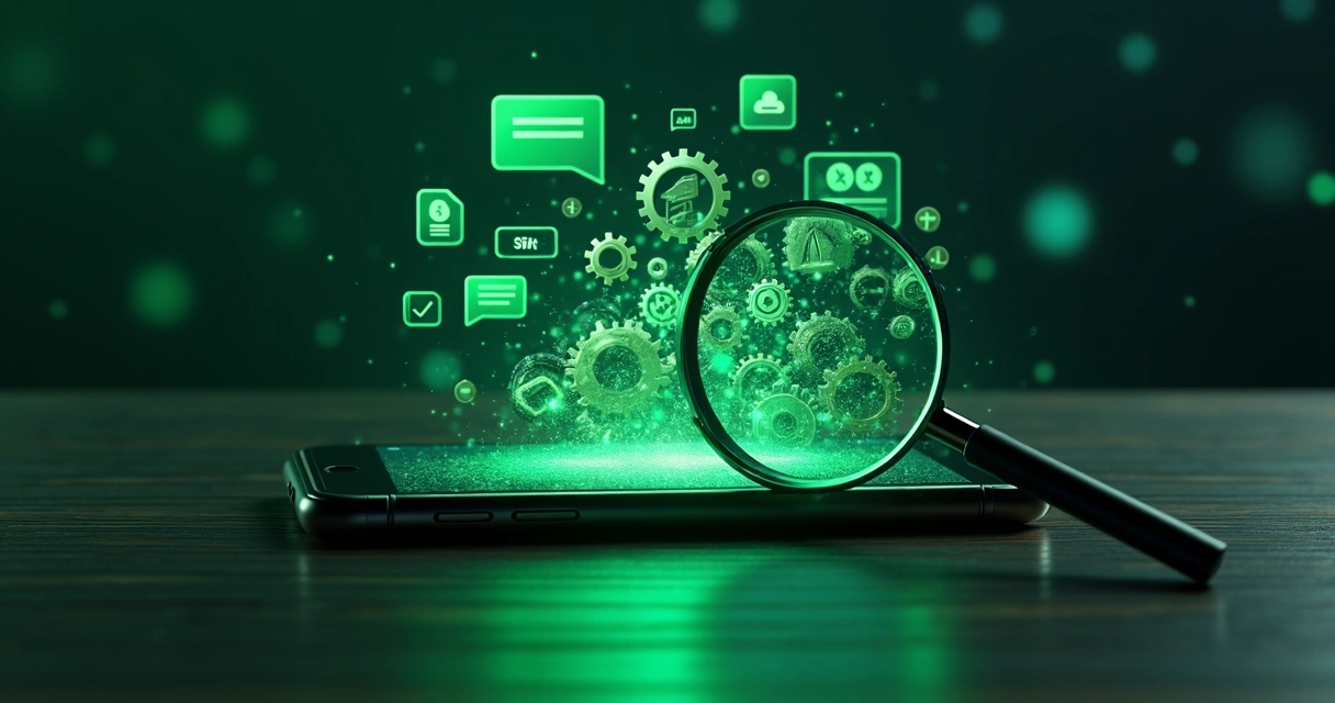 Lupa revela engrenagens e ícones de mensagens ocultos atrás de tela de celular com WhatsApp