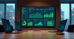 Painel de controle digital exibindo gráficos de KPIs de mensagens do WhatsApp Business