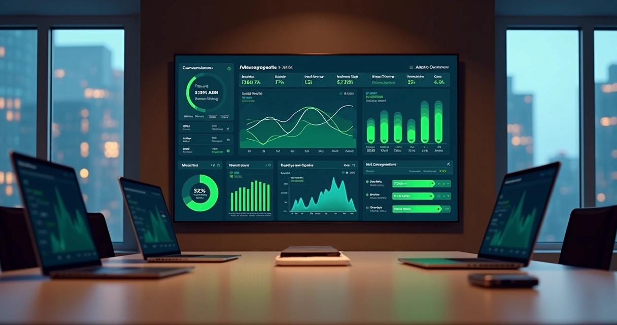 Painel de controle digital exibindo gráficos de KPIs de mensagens do WhatsApp Business