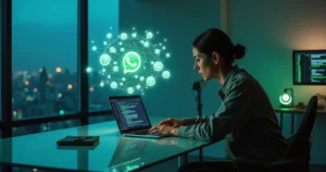 Profissional observa projeção 3D de conversa complexa do WhatsApp atendida por IA