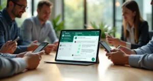 Equipe recém-contratada recebendo onboarding pelo WhatsApp em escritório moderno