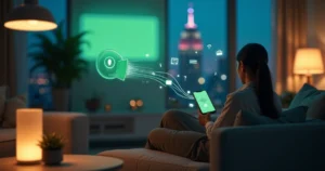 Pessoa interagindo com assistente de voz integrado ao WhatsApp em ambiente futurista