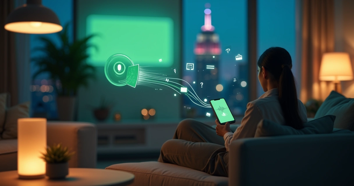 Pessoa interagindo com assistente de voz integrado ao WhatsApp em ambiente futurista
