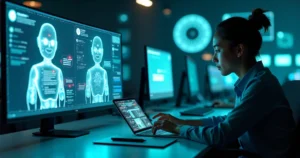 Atendente observando chatbot desatualizado em tela holográfica