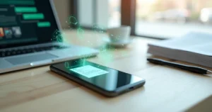 Mesa de escritório com celular exibindo contrato digital e ícones de automação ao redor