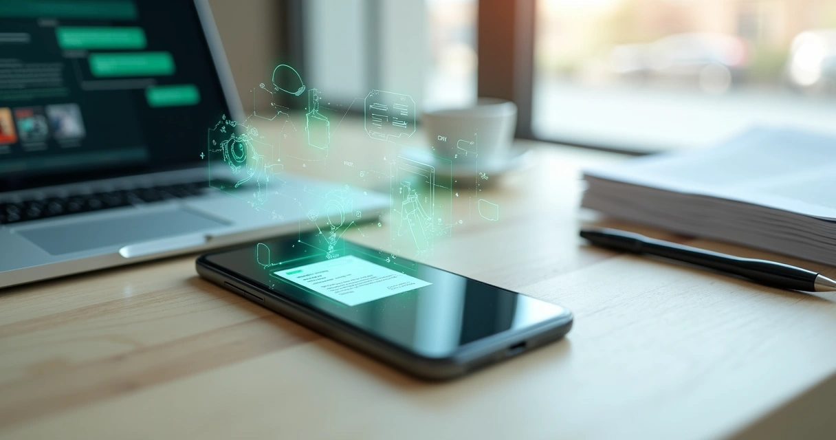 Mesa de escritório com celular exibindo contrato digital e ícones de automação ao redor