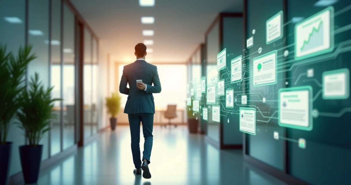 Colaborador caminhando por corredor com etapas digitais flutuando conectadas a mensagens de WhatsApp