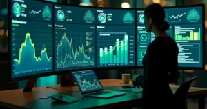 Gestor observa painel com previsões de demanda de atendimento no computador e ícones do WhatsApp