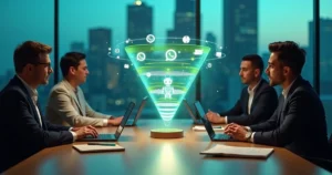 Mesa de reunião com holograma de funil ABM e robô de WhatsApp