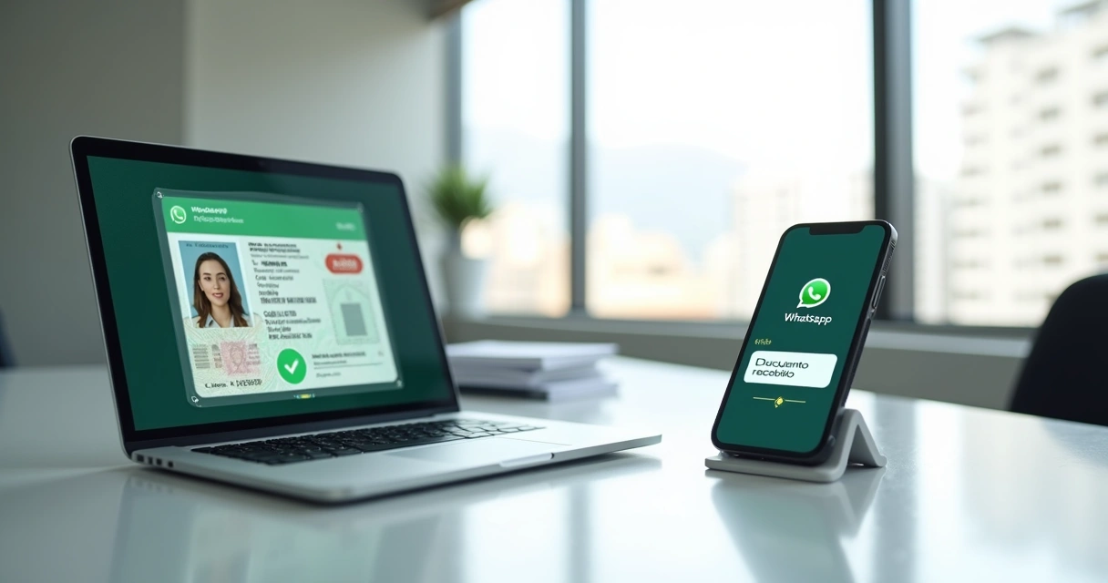 Agente checando documento digital ao lado de tela de WhatsApp em escritório moderno
