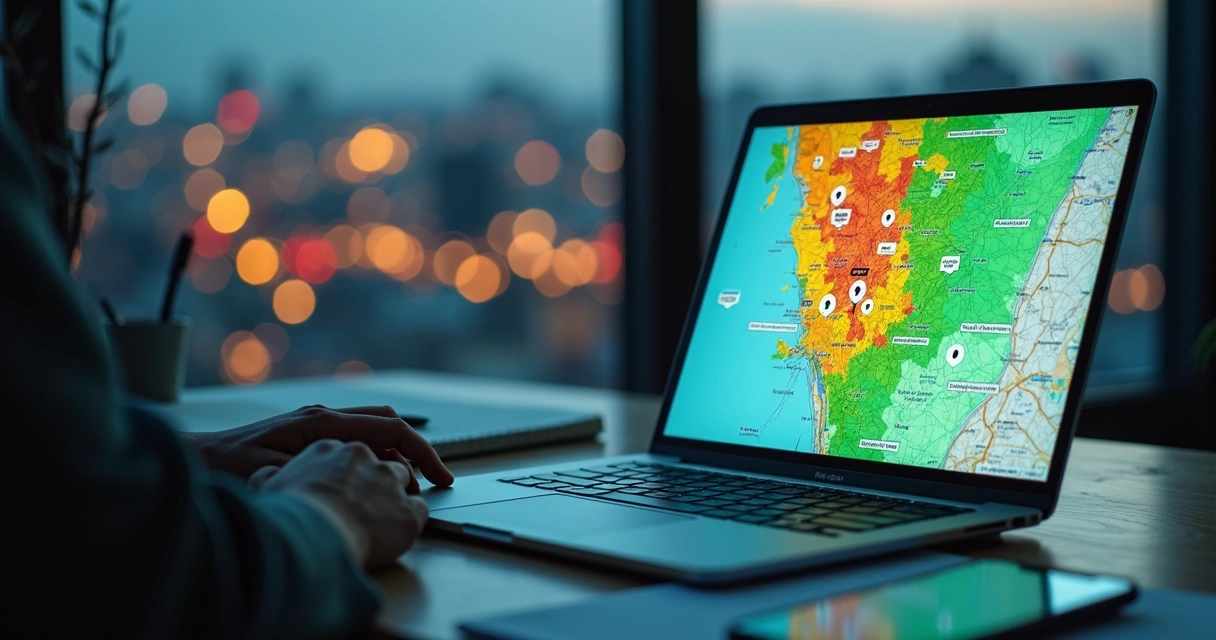 Profissional analisa no laptop um mapa de calor de campanhas do WhatsApp sobre mapa urbano