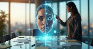 Profissional ajustando persona de bot em rosto dividido entre humano e interface digital